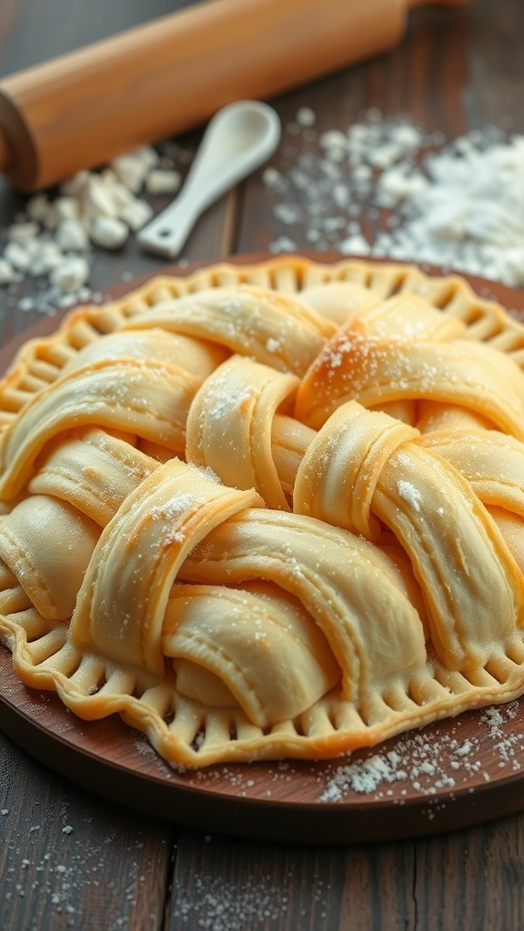 Flaky butter quilt pastry on a wooden surface, with a rolling pin and flour.